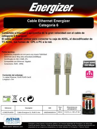 Cable Ethernet Energizer Categoría 6