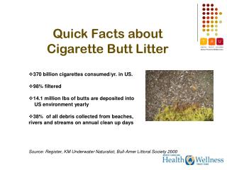 Quick Facts about Cigarette Butt Litter 370 billion cigarettes consumed/yr. in US. 98% filtered