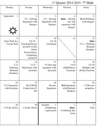 1 st Quarter 2014-2015- 7 th Math