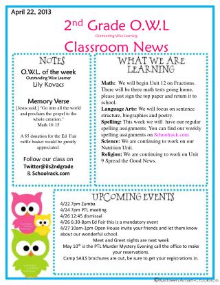 2 nd Grade O.W.L Outstanding Wise Learning Classroom News