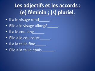 Les adjectifs et les accords : (e) féminin ; (s) pluriel.