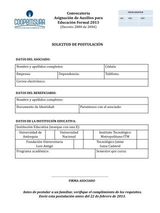 Convocatoria Asignación de Auxilios para Educación Formal 2013 (Decreto 2880 de 2004)