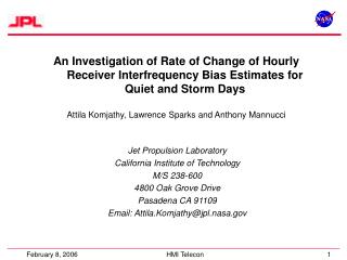 Jet Propulsion Laboratory California Institute of Technology M/S 238-600 4800 Oak Grove Drive