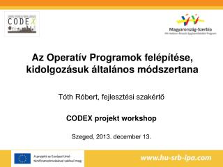 Tóth Róbert, fejlesztési szakértő CODEX projekt workshop Szeged, 2013. december 13.