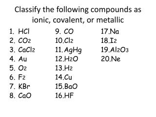 Classify the following compounds as ionic, covalent, or metallic