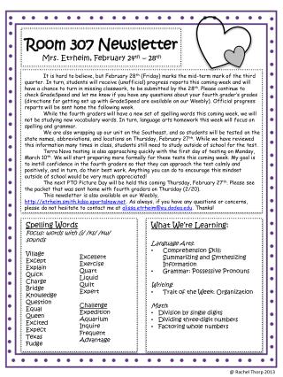 Room 307 Newsletter Mrs. Etrheim, February 24 th – 28 th