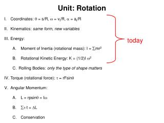 Unit: Rotation Coordinates:  = s/R,  = v t /R,  = a t /R Kinematics: same form, new variables