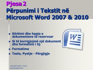 Pjesa 2 Përpunimi i Tekstit në Microsoft Word 2007 &amp; 2010