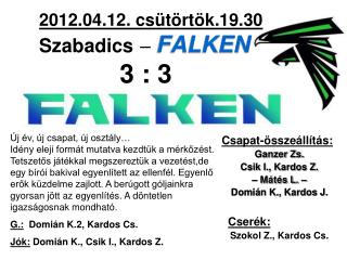 2012.04.12. csütörtök.19.30 Szabadics – FALKEN 3 : 3