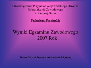 Wyniki Egzaminu Zawodowego 2007 Rok Zielona Góra, ul. Botaniczna 66 (budynek F, I piętro)