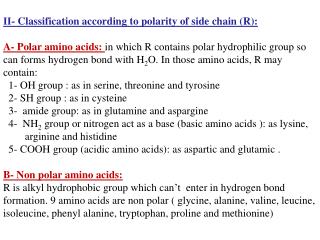 II- Classification according to polarity of side chain (R):