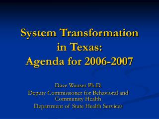 System Transformation in Texas: Agenda for 2006-2007