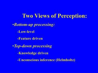 Two Views of Perception: Bottom-up processing: -Low-level -Feature driven Top-down processing