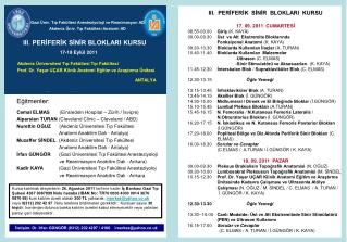 III. PERİFERİK SİNİR BLOKLARI KURSU 17. 09. 2011 CUMARTESİ 08.55-09.00 Giriş ( K. KAYA )