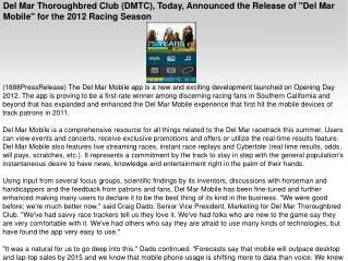 Del Mar Thoroughbred Club (DMTC), Today, Announced the Relea