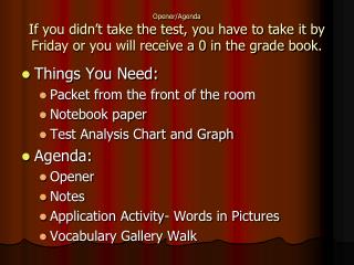 Things You Need: Packet from the front of the room Notebook paper Test Analysis Chart and Graph