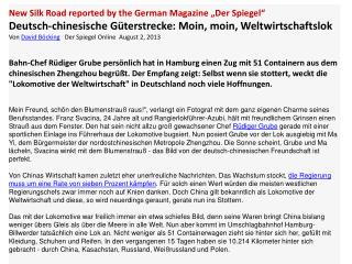 New Silk Road reported by the German Magazine „Der Spiegel“