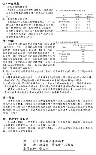 伍、研究結果 一、石灰岩的總體密度 表 1 為各石灰岩樣本實驗的結果，結果顯示各石灰岩樣本的總體密度，都在 2.2 g/cm3 以上。 二、不溶性物質的含量