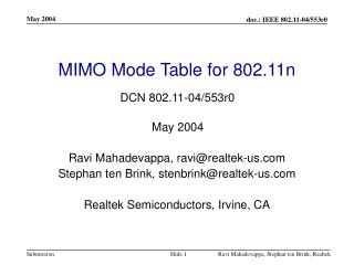 MIMO Mode Table for 802.11n