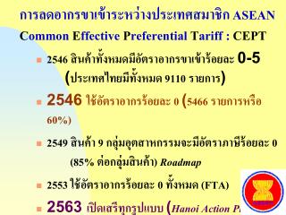 การลดอากรขาเข้าระหว่างประเทศสมาชิก ASEAN C ommon E ffective P referential T ariff : CEPT