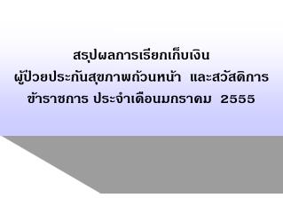 สรุปผลการเรียกเก็บเงิน ผู้ป่วยประกันสุขภาพถ้วนหน้า และสวัสดิการข้าราชการ ประจำเดือนมกราคม 2555