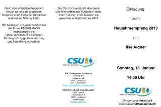 Einladung zum Neujahrsempfang 2013 mit Ilse Aigner