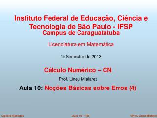 Cálculo Numérico – CN Prof. Lineu Mialaret Aula 10: Noções Básicas sobre Erros (4)