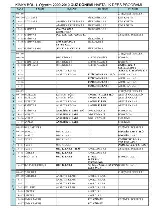 KİMYA BÖL. I. Öğretim 2009-2010 GÜZ DÖNEMİ HAFTALIK DERS PROGRAMI