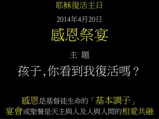 耶穌復活主日 2014 年 4 月 20 日 感恩祭宴 主 題 孩子 , 你看到我復活嗎 ？ 感恩 是基督徒生命的「 基本調子 」 宴會 或聖餐是天主與人及人與人間的 相愛共融