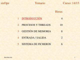 Horas INTRODUCCIÓN 	4 PROCESOS Y THREADS	10 GESTIÓN DE MEMORIA	8 ENTRADA / SALIDA	2