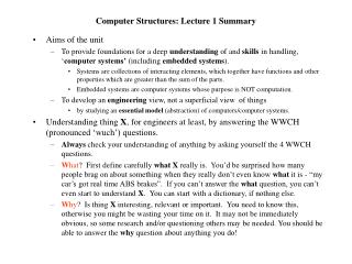 Computer Structures: Lecture 1 Summary