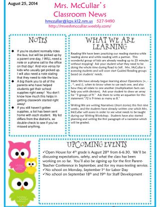 Mrs. McCullar ’ s Classroom News hmccullar@lcps.k12.nm 527-9490