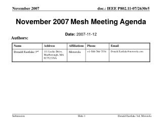 November 2007 Mesh Meeting Agenda