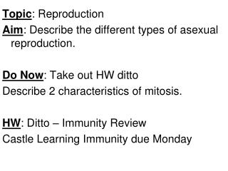 Topic : Reproduction Aim : Describe the different types of asexual reproduction.