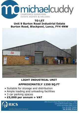 TO LET Unit 9 Burton Road Industrial Estate Burton Road, Blackpool, Lancs, FY4 4NW