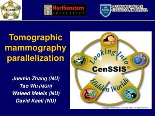 Tomographic mammography parallelization Juemin Zhang (NU) Tao Wu (MGH) Waleed Meleis (NU)