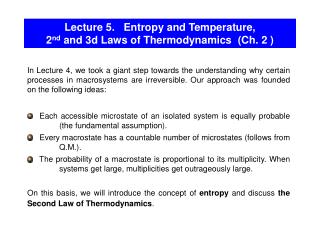 Lecture 5. Entropy and Temperature, 2 nd and 3d Laws of Thermodynamics (Ch. 2 )