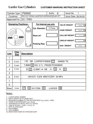 Notes: 1) LUXFER SERIAL NUMBER 2) EMPTY WEIGHT OF CYLINDER ONLY