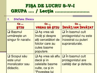 FIŞA DE LUCRU S–V–I GRUPA …. / Lecţia ……………………