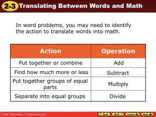 In word problems, you may need to identify the action to translate words into math.