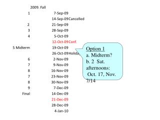 Option 1 a. Midterm? b. 2 Sat. afternoons: Oct. 17, Nov. 7/14