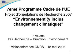 P. Valette DG Recherche – Direction Environnement Visioconférence CNRS – 18 mai 2006