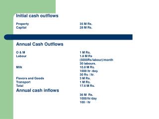 Initial cash outflows Property 				35 M Rs. Capital 				28 M Rs. Total 				63M Rs.