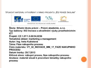 Výukový materiál vytvořený v rámci projektu „EU peníze školám“