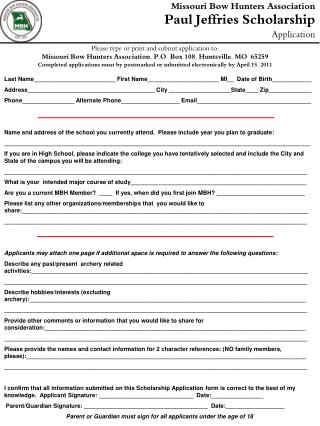 Missouri Bow Hunters Association Paul Jeffries Scholarship Application