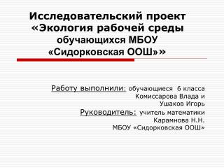 Исследовательский проект «Экология рабочей среды обучающихся МБОУ «Сидорковская ООШ» »