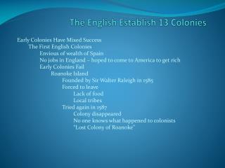 The English Establish 13 Colonies