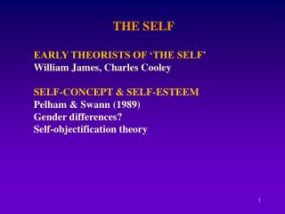 THE SELF EARLY THEORISTS OF ‘THE SELF’ William James, Charles Cooley SELF-CONCEPT &amp; SELF-ESTEEM