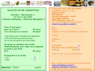 BULLETIN DE PRE- INSCRIPTION Journées « Mycotoxines », les 5 et 6 juin 2014,