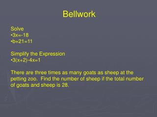 Solve 3x=-18 b+21=11 Simplify the Expression 3(x+2)-4x=1